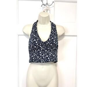 American Eagle Halter Crop Top Sz S Navy Floral Smocked Back Boho Beachy Summer